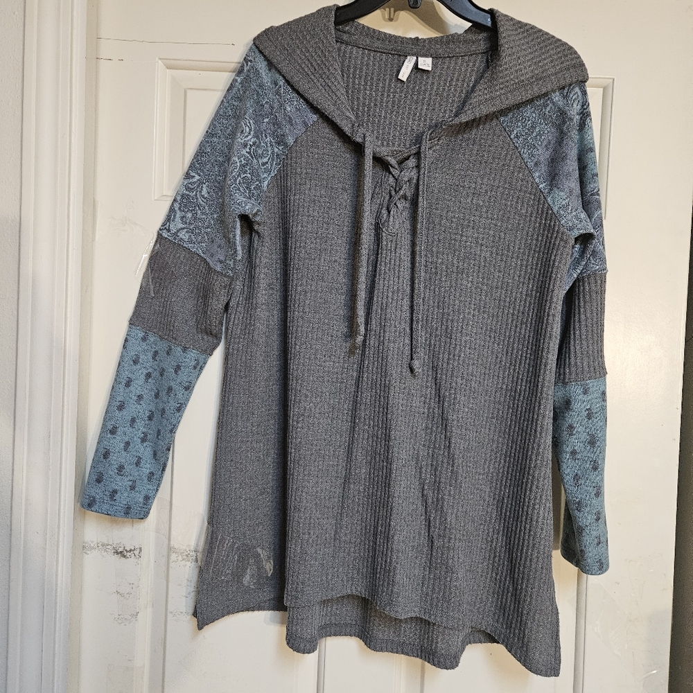 Gray and Blue Hooded Sweater